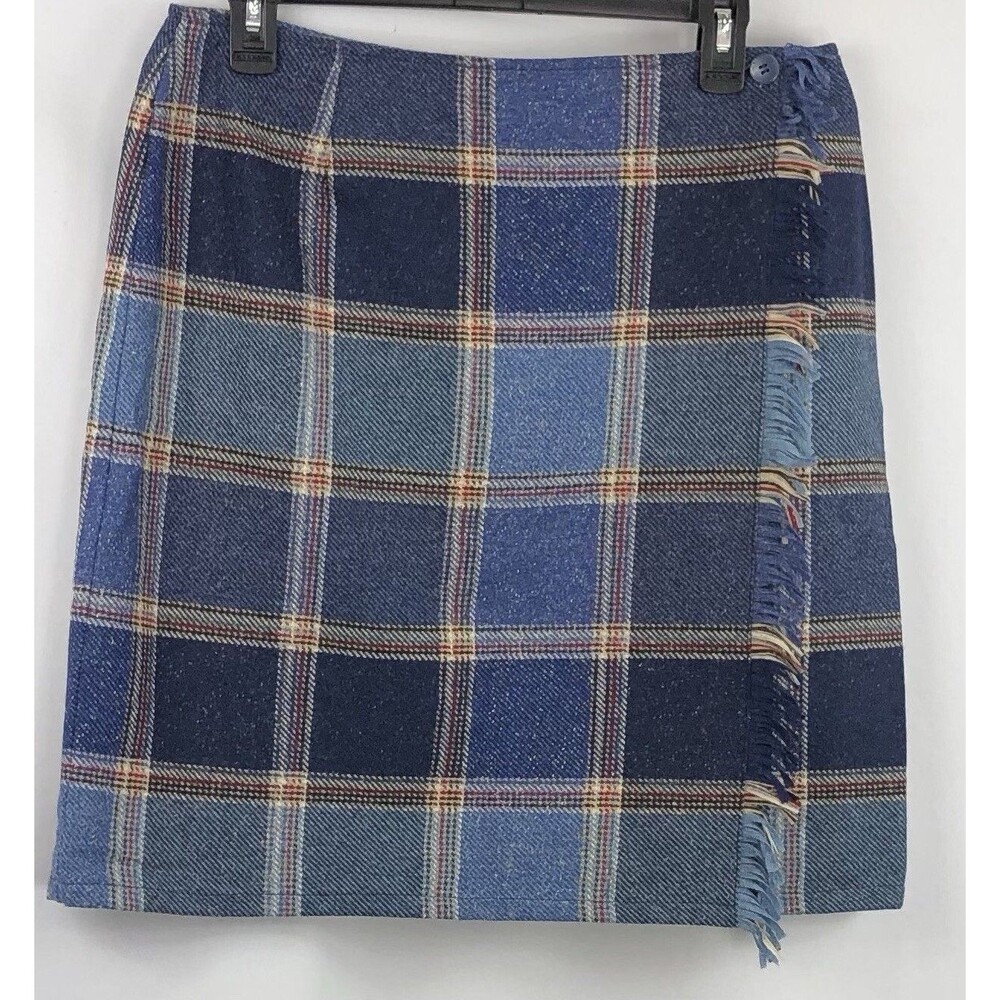 Liz Claiborne Wool Wrap Skirt 12P Blue Plaid Fringe 31"W Classic Tweed Preppy